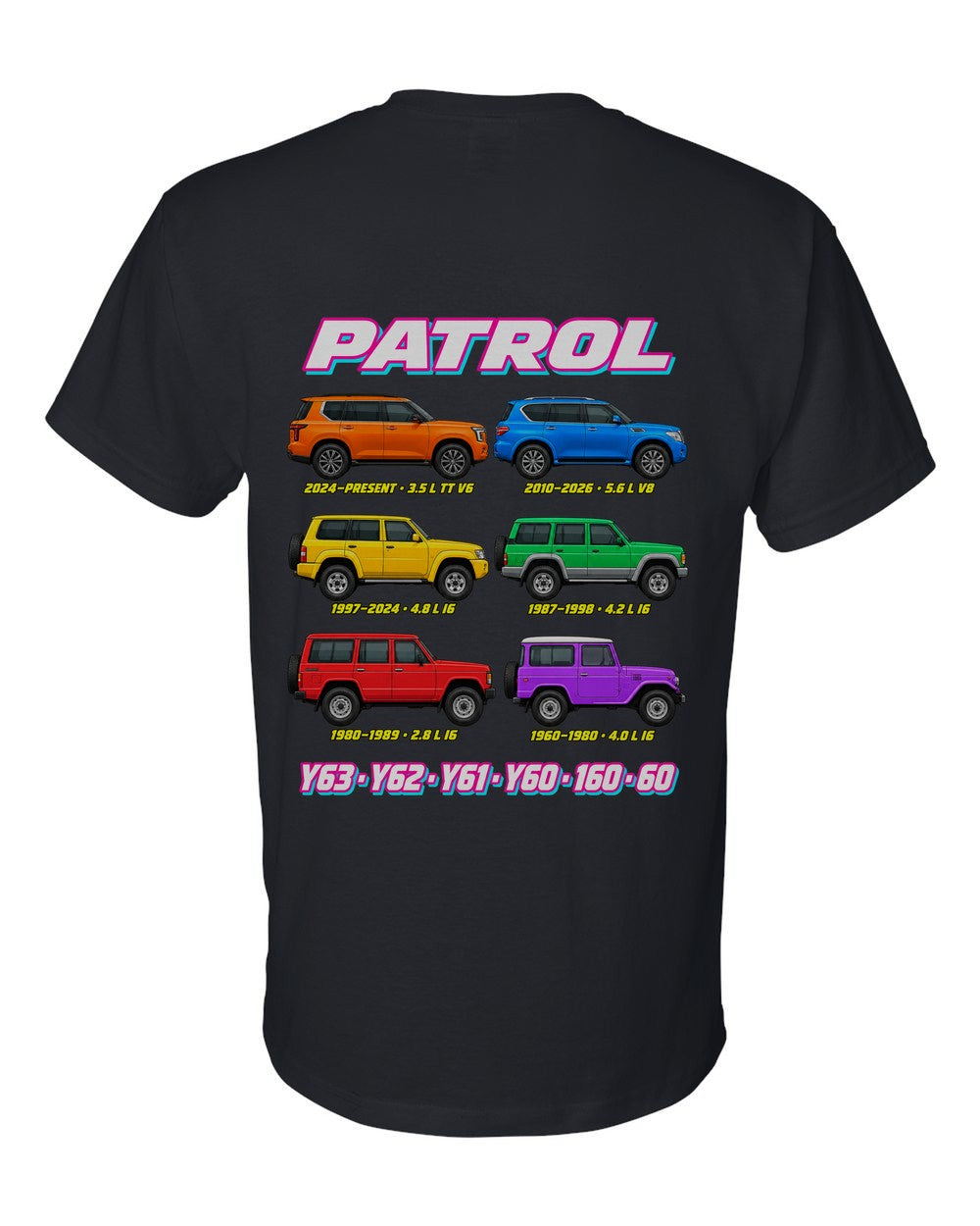 Nissan Patrol evolution poster black t-shirt back view with the design