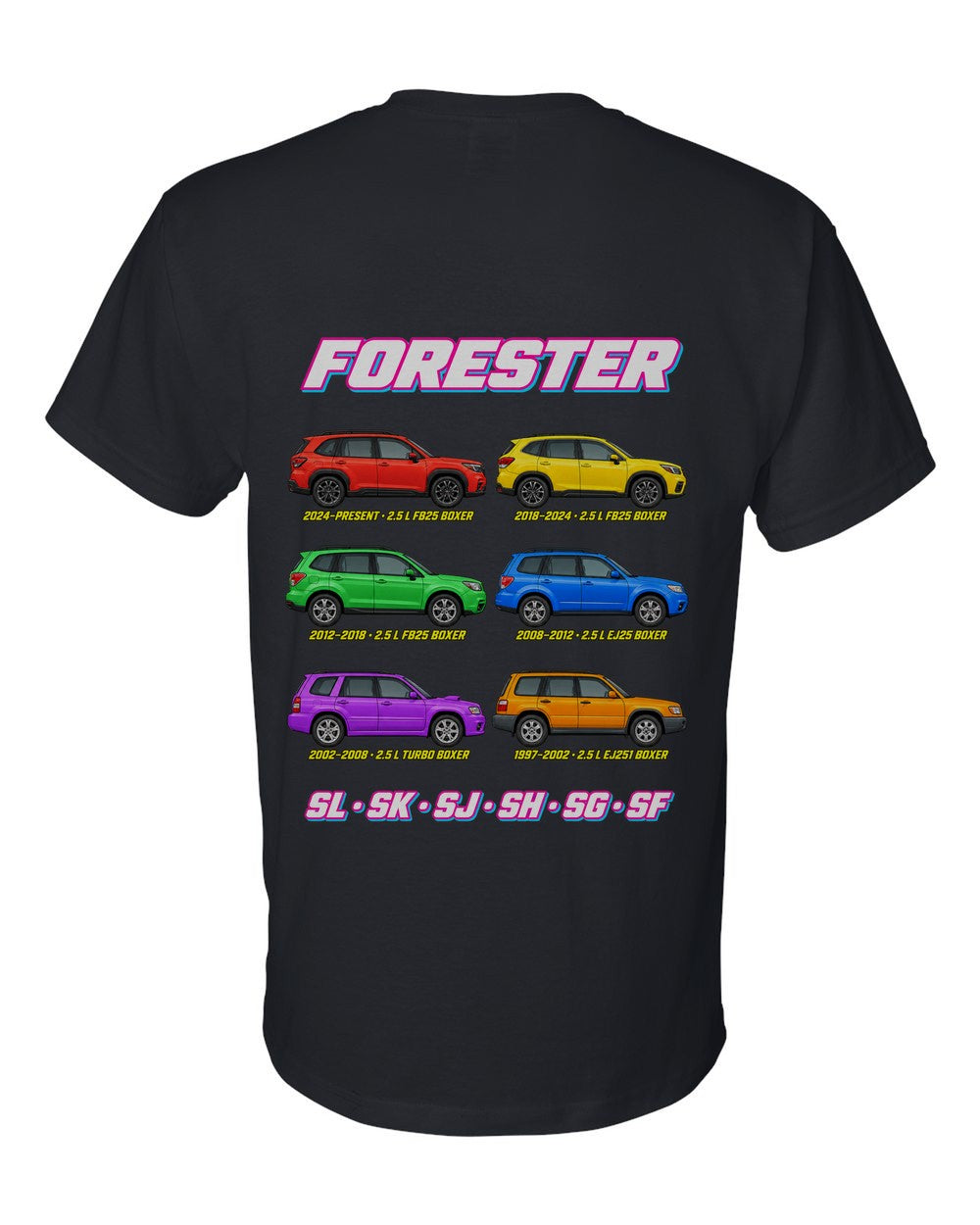 Subaru Forester evolution poster black t-shirt back view with the design