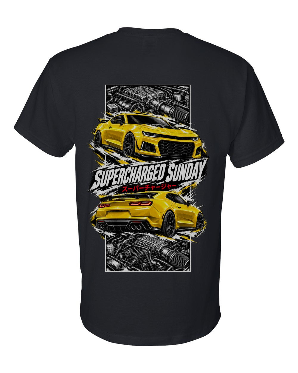 Chevy Camaro ZL1 torn poster black t-shirt back view with the design