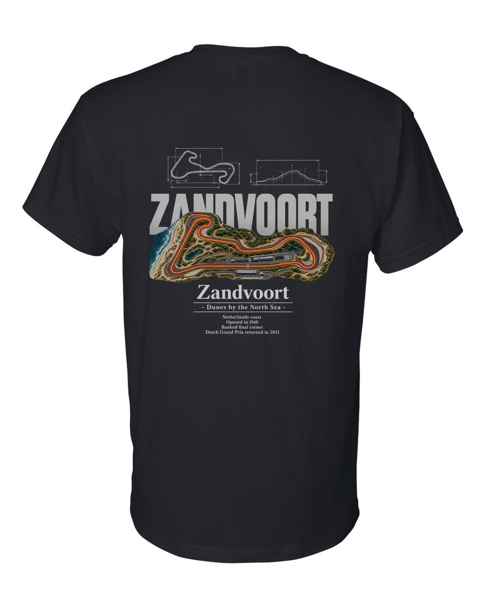Zandvoort black t-shirt back view with the design