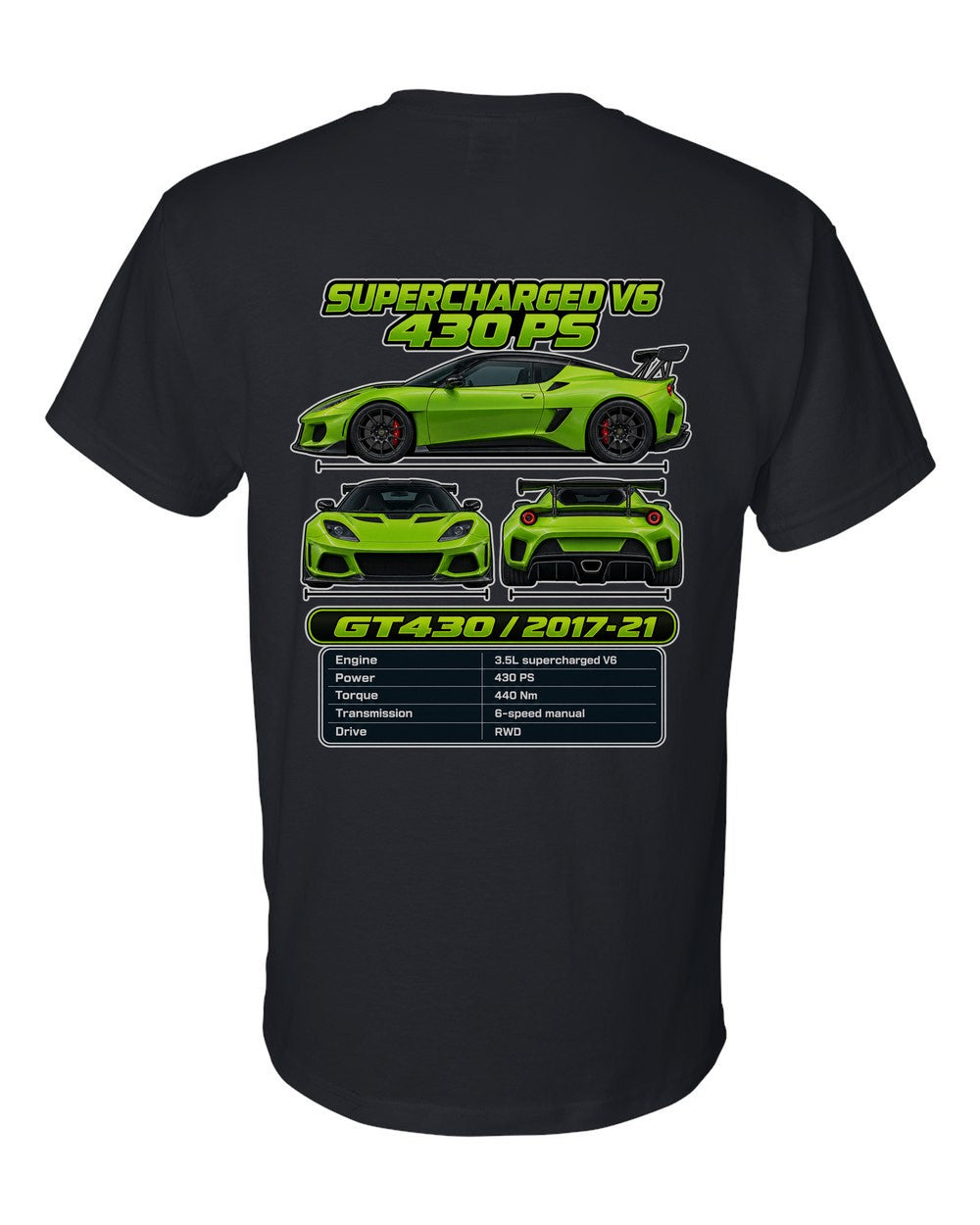Lotus Evora Gt430 spec sheet black t-shirt back view with the design