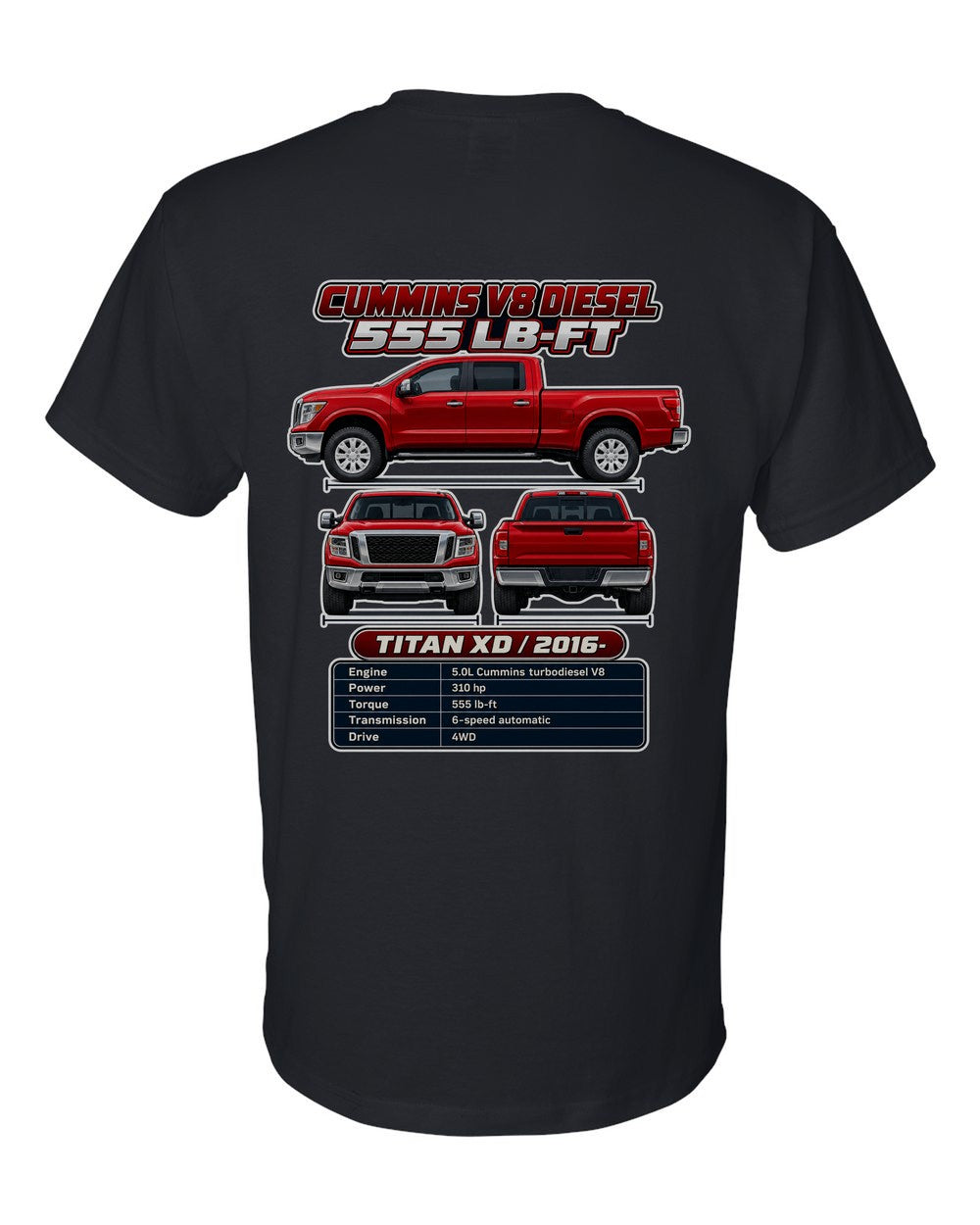 Nissan Titan Xd spec sheet black t-shirt back view with the design