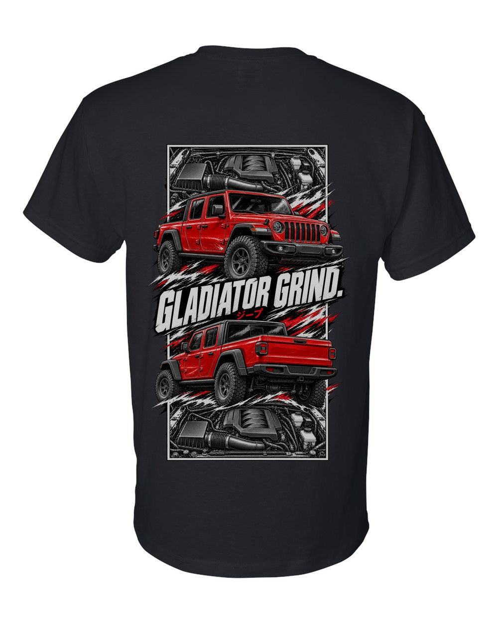 Jeep Gladiator torn poster black t-shirt back view with the design