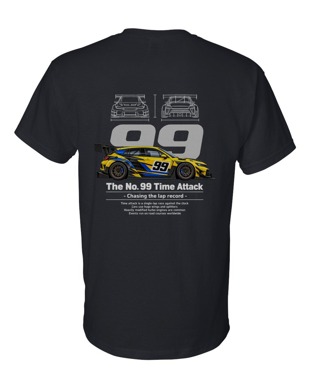 No. 99 Time Attack black t-shirt back view with the design