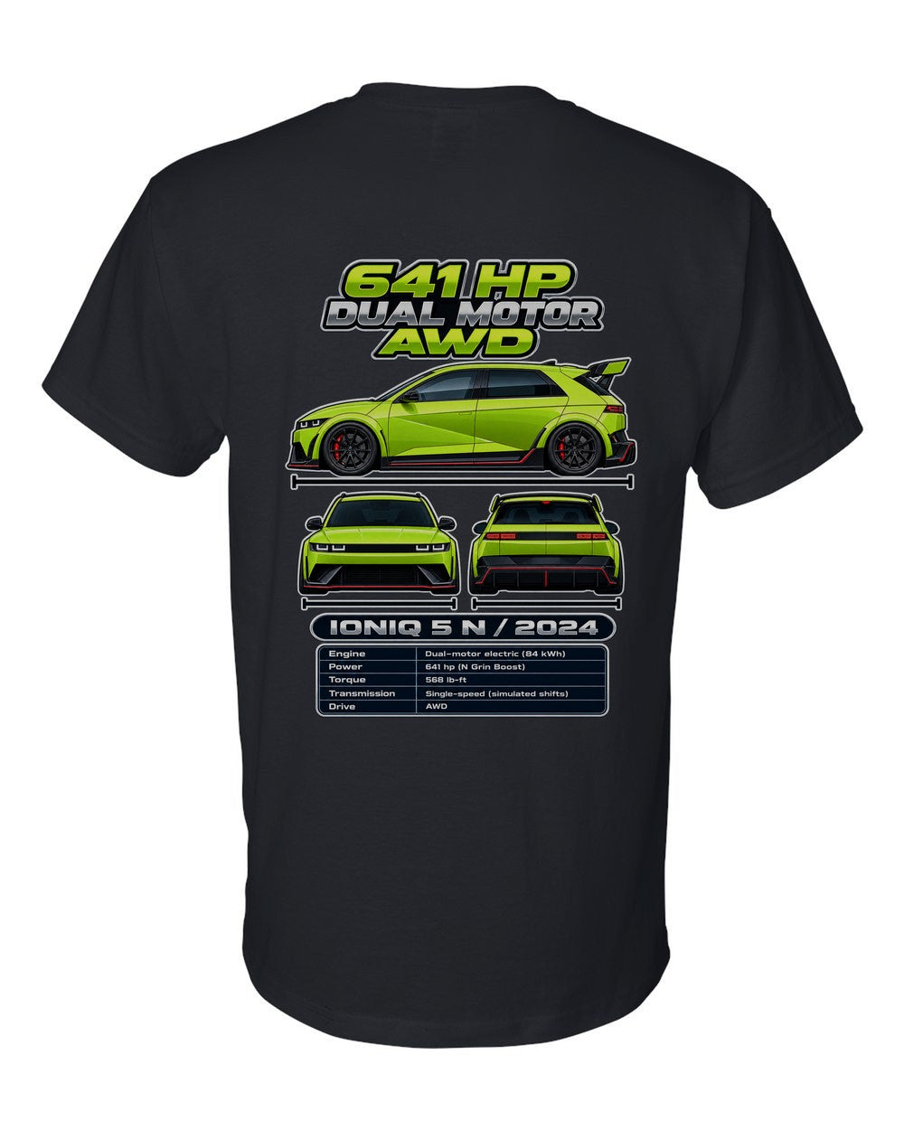 Hyundai Ioniq 5 N spec sheet black t-shirt back view with the design