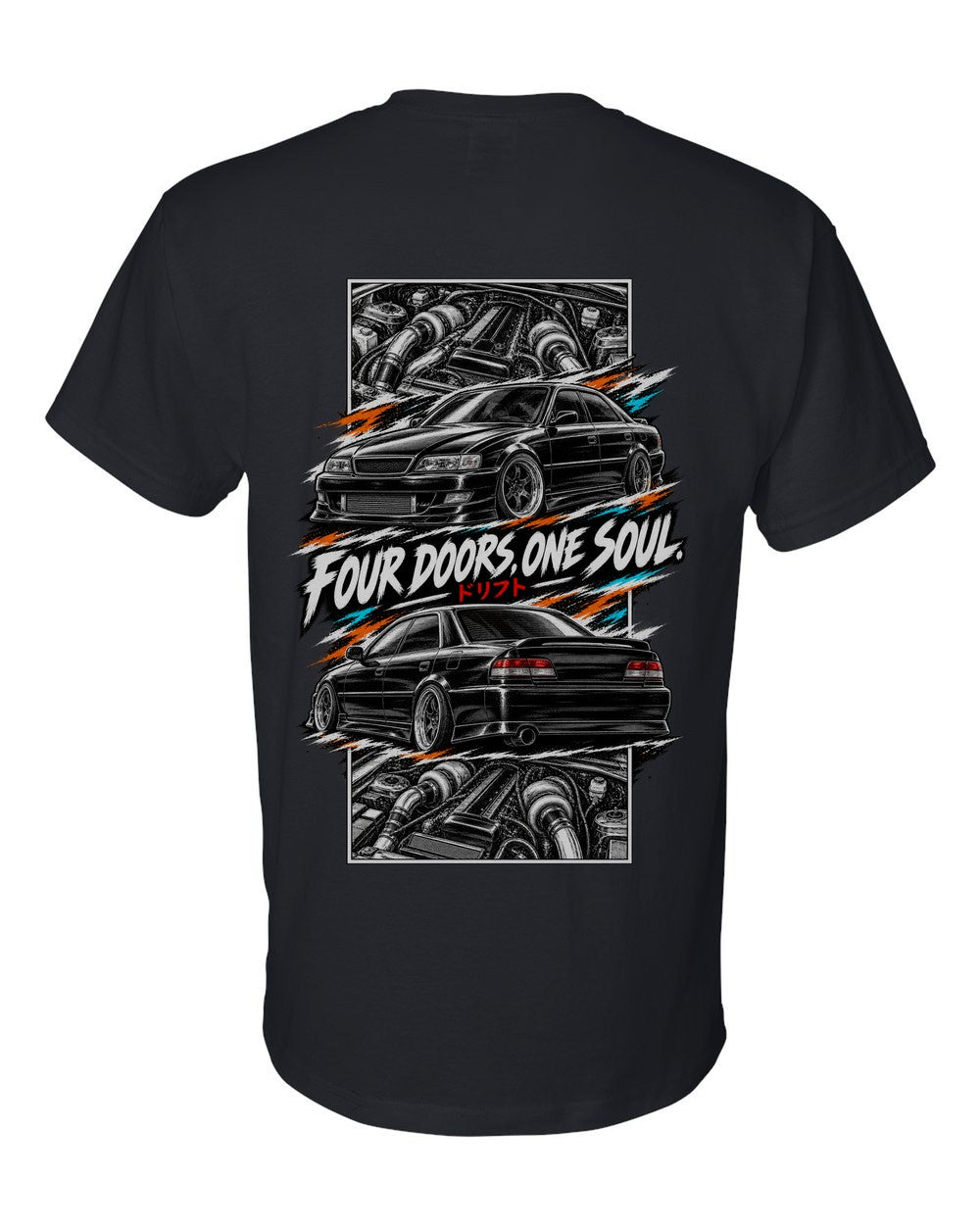 Toyota Chaser Jzx100 torn poster black t-shirt back view with the design