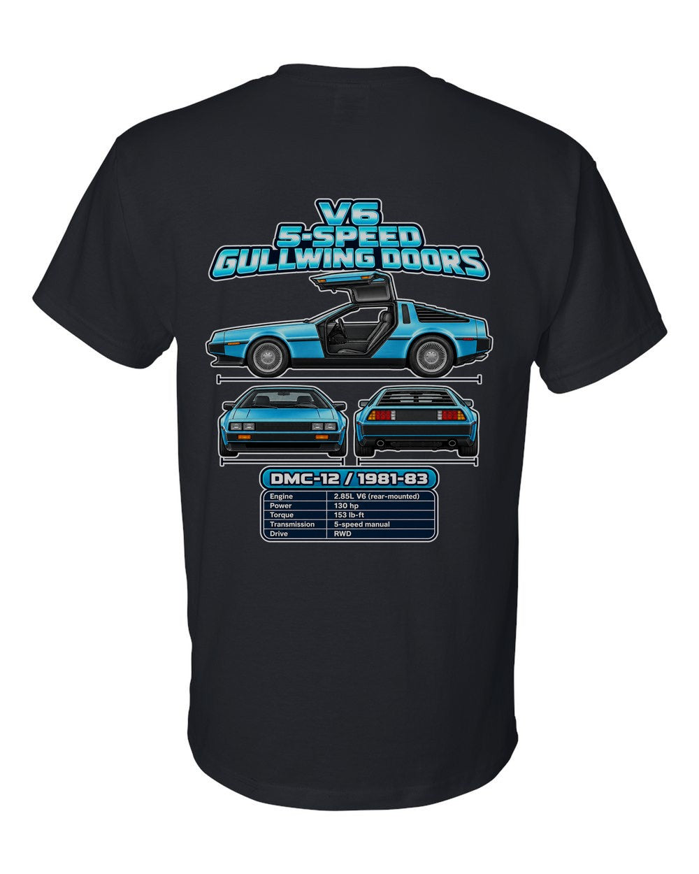 Delorean Dmc 12 spec sheet black t-shirt back view with the design