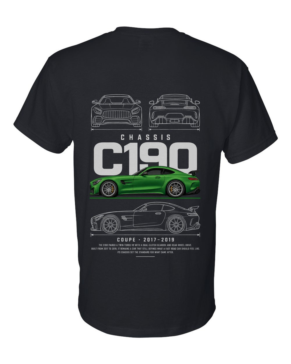 C190 full-back artwork black t-shirt back view with the design