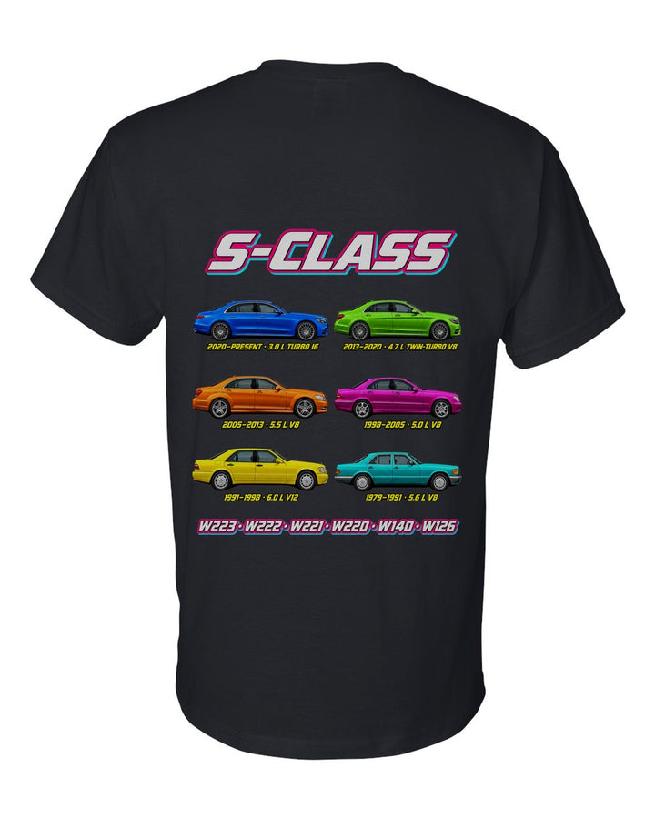Mercedes S evolution poster black t-shirt back view with the design