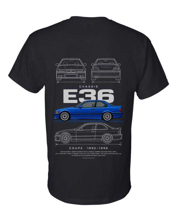 E36 full-back artwork black t-shirt back view with the design