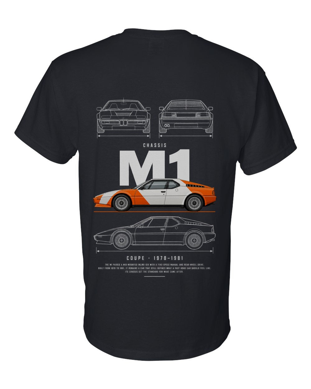M1 full-back artwork black t-shirt back view with the design