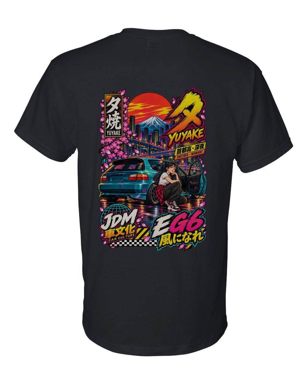 YUYAKE EG6 full-back artwork black t-shirt back view with the design