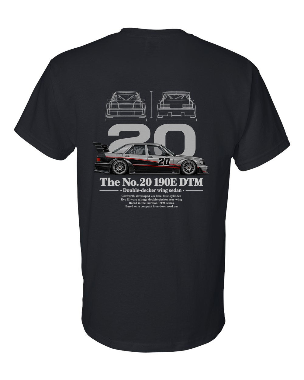 No. 20 190E DTM black t-shirt back view with the design