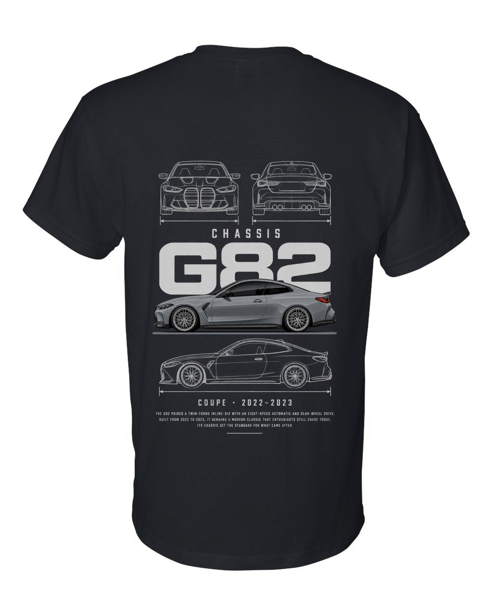 G82 full-back artwork black t-shirt back view with the design