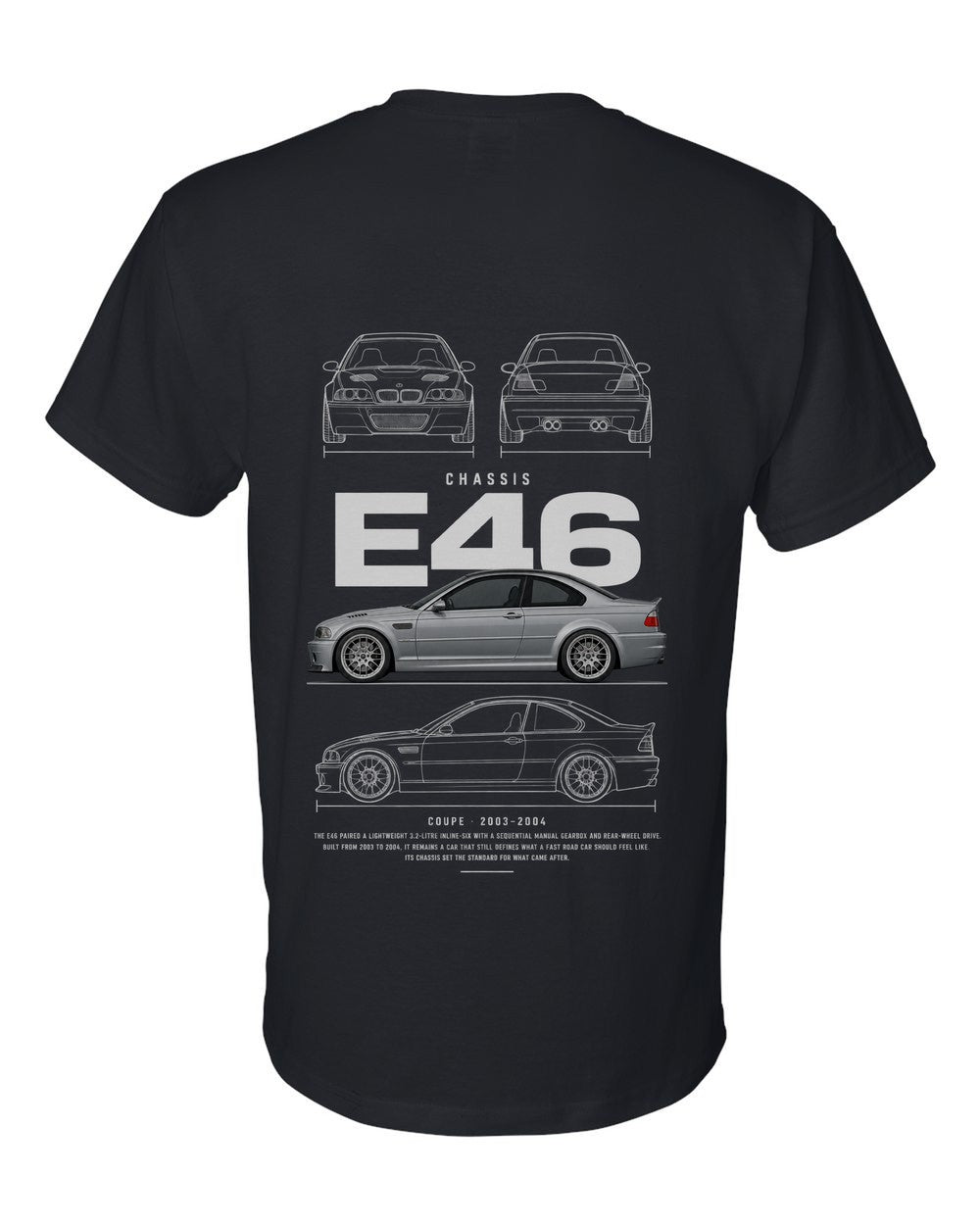 E46 full-back artwork black t-shirt back view with the design