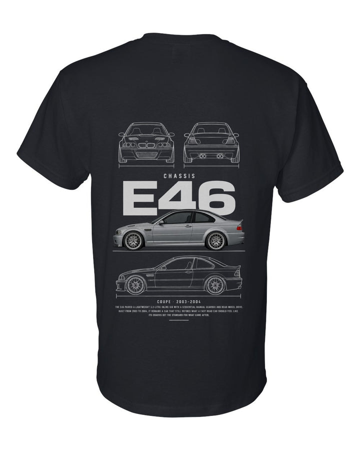 E46 full-back artwork black t-shirt back view with the design