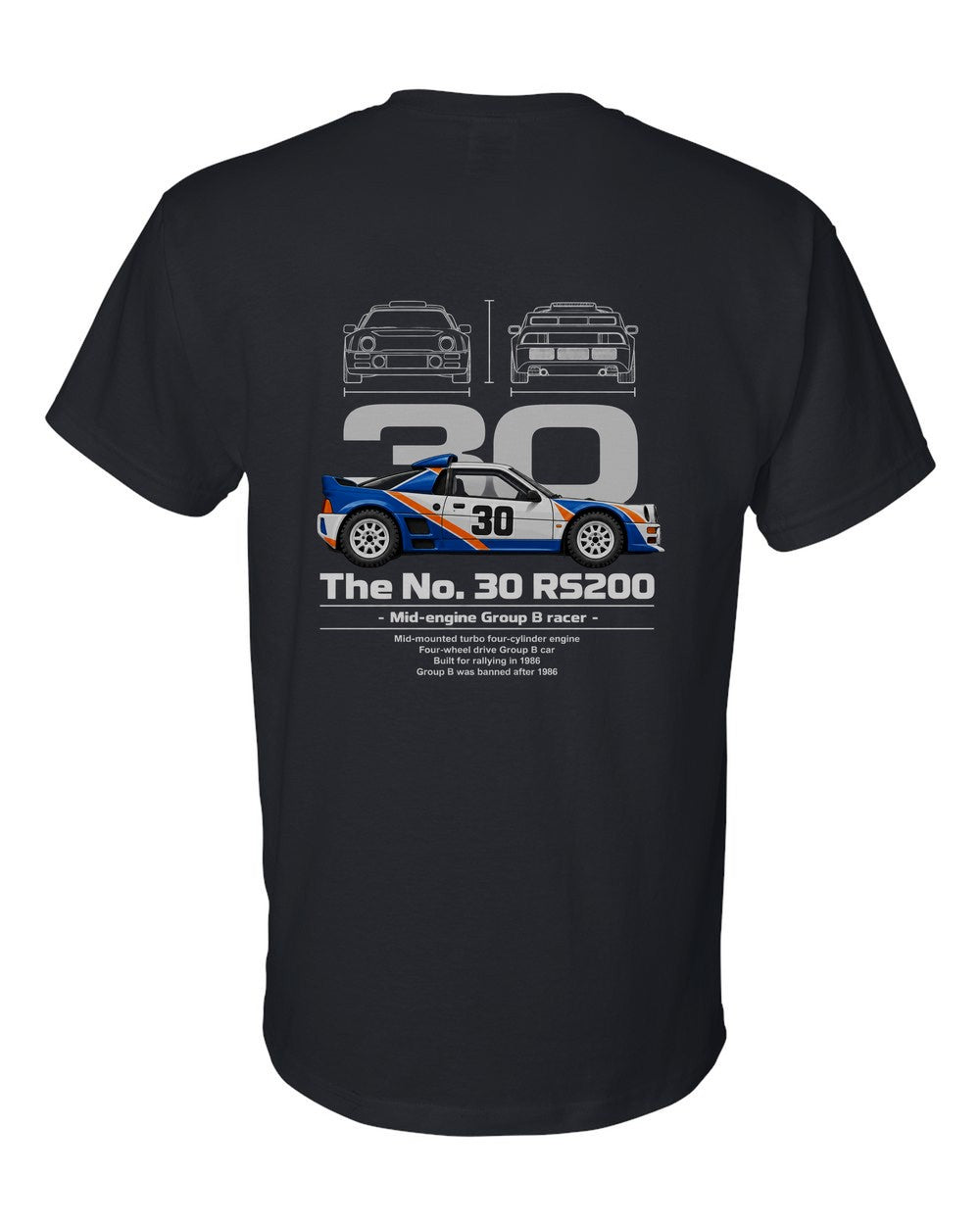 No. 30 RS200 black t-shirt back view with the design
