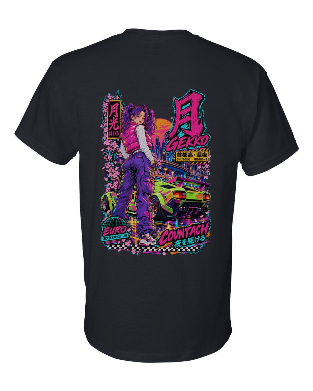 GEKKO COUNTACH full-back artwork black t-shirt back view with the design
