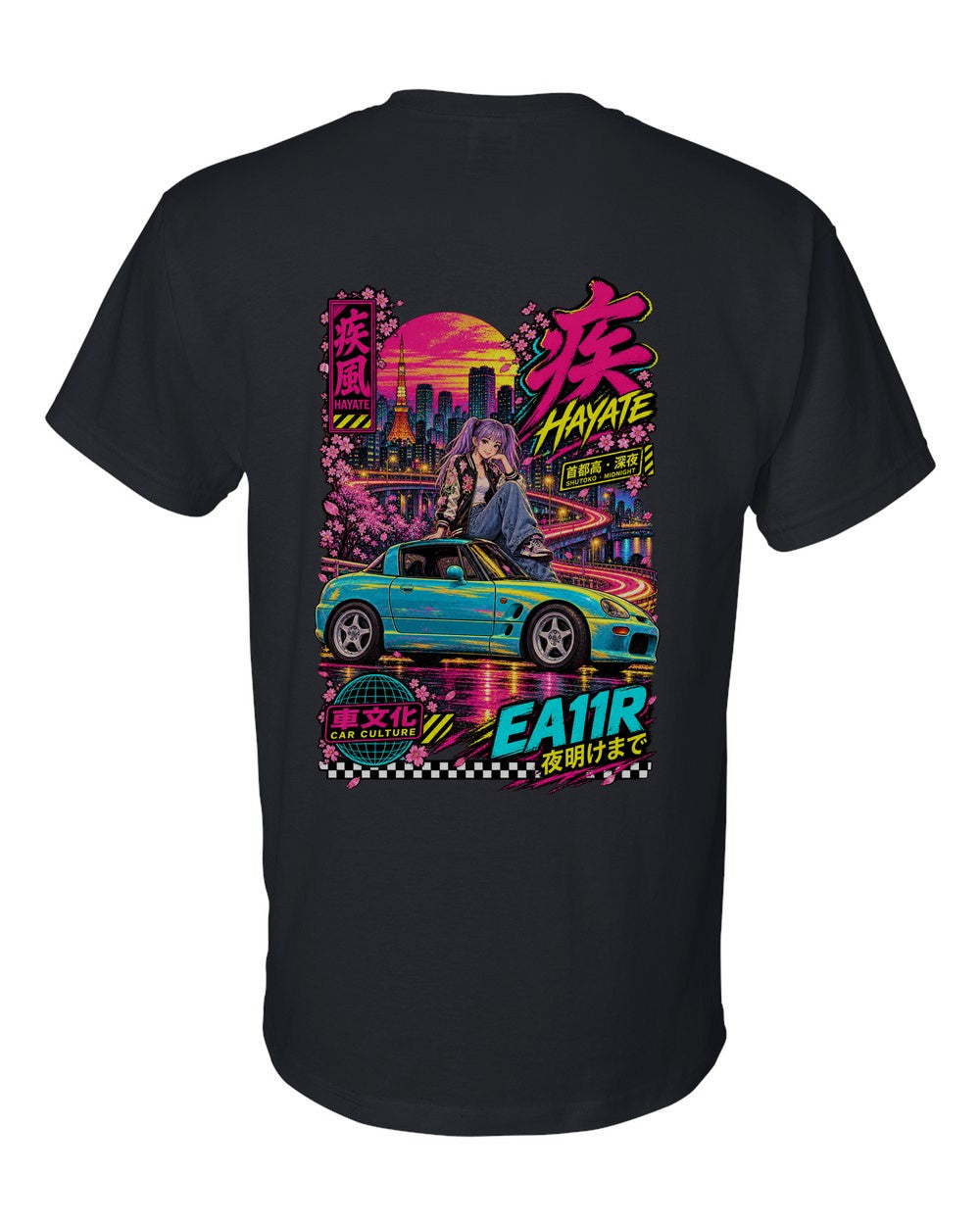 HAYATE EA11R full-back artwork black t-shirt back view with the design