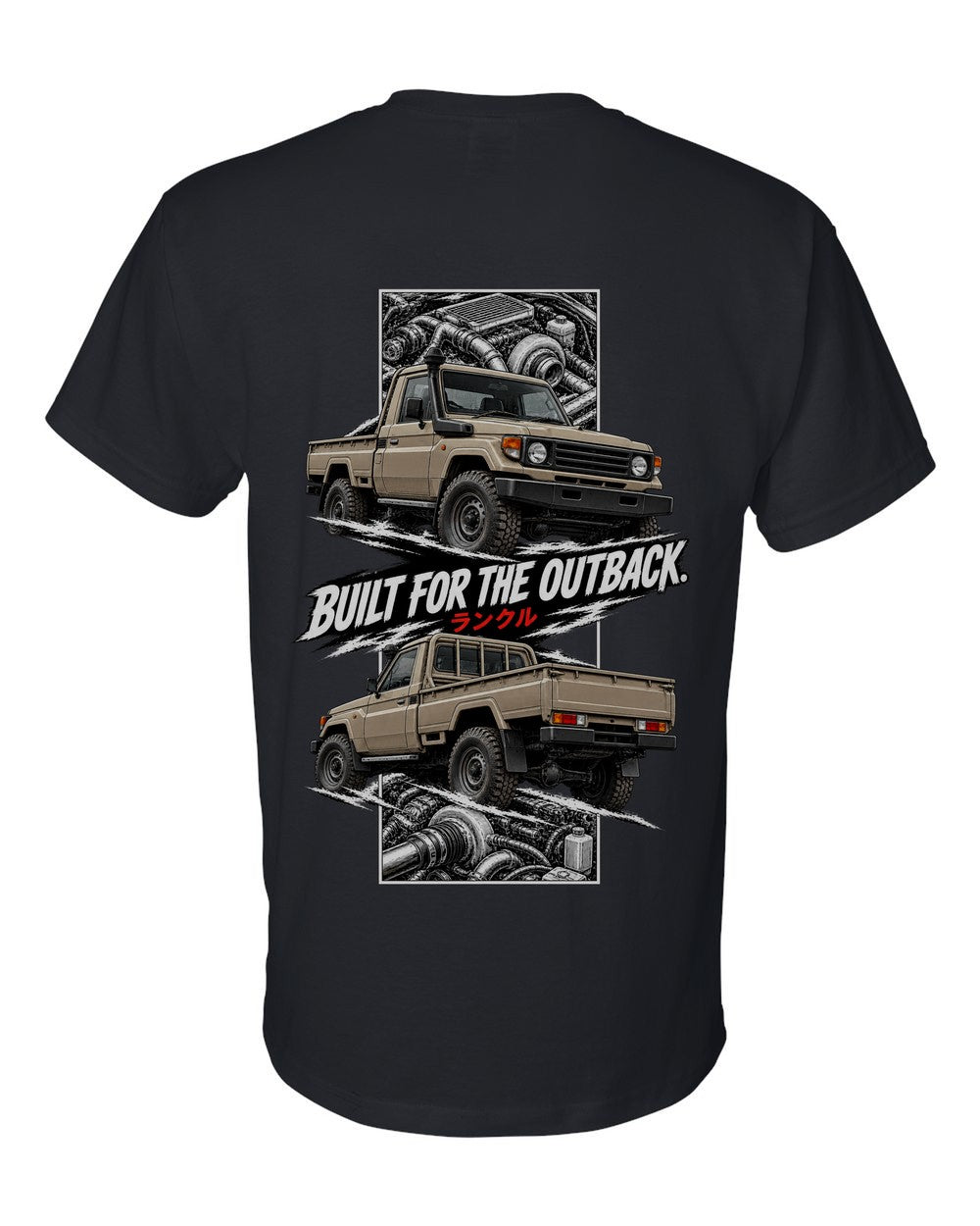 Toyota Land Cruiser 70 torn poster black t-shirt back view with the design
