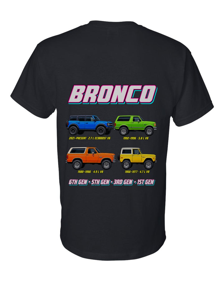 Ford Bronco evolution poster black t-shirt back view with the design