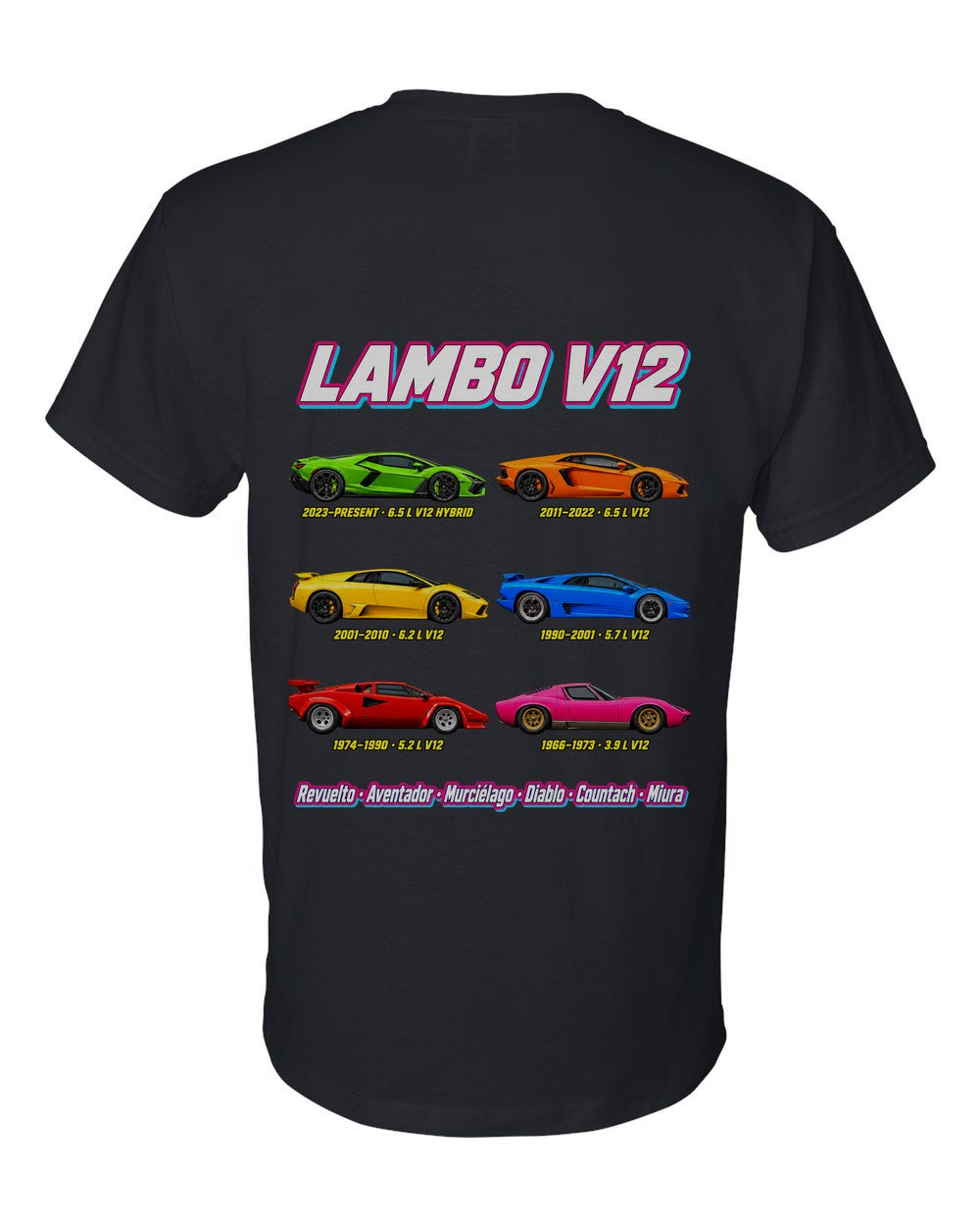 Lamborghini V12 evolution poster black t-shirt back view with the design