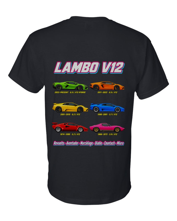 Lamborghini V12 evolution poster black t-shirt back view with the design