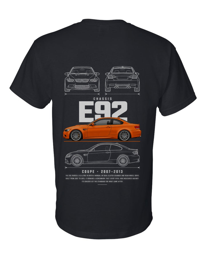 E92 full-back artwork black t-shirt back view with the design
