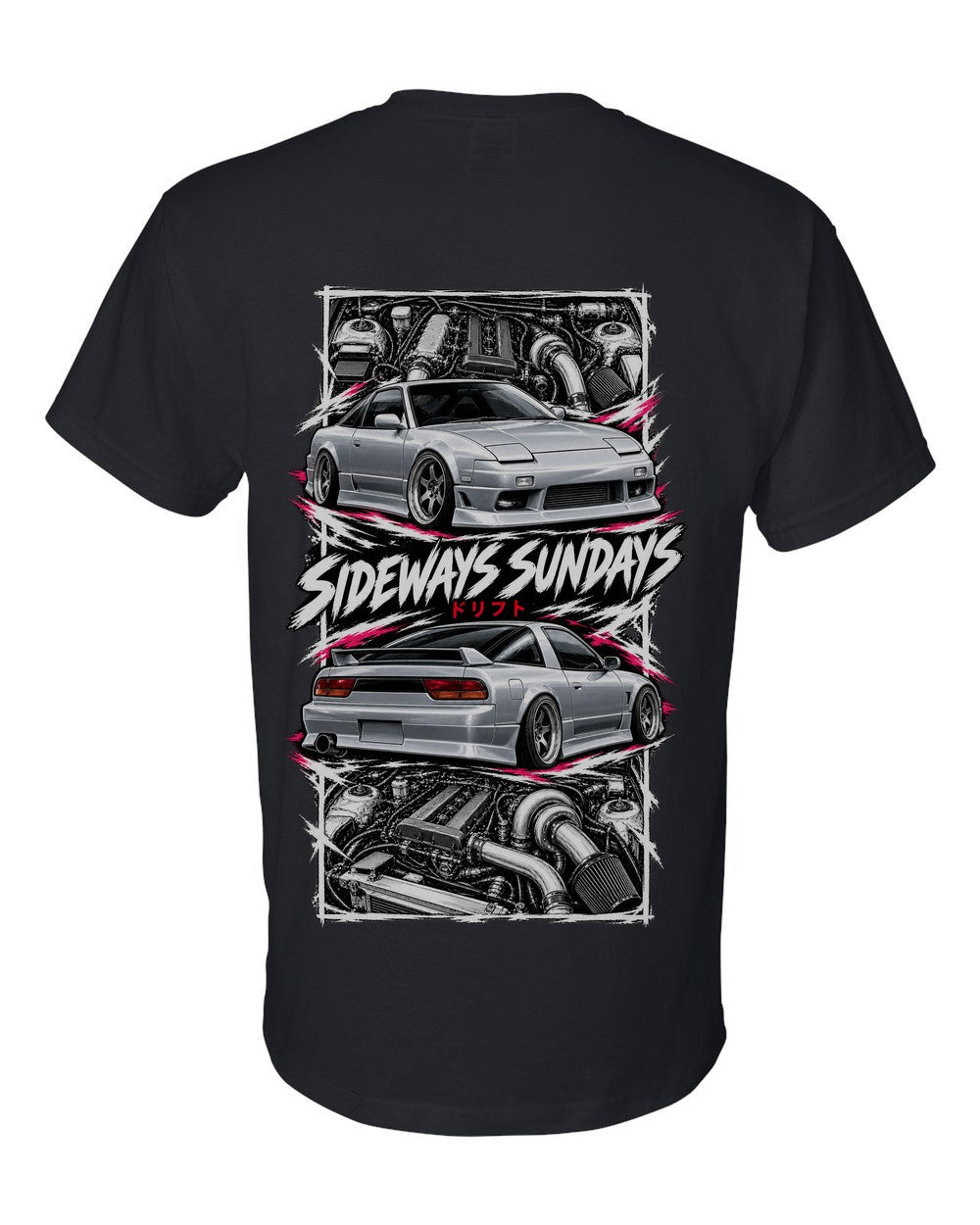 Nissan 180Sx S13 torn poster black t-shirt back view with the design