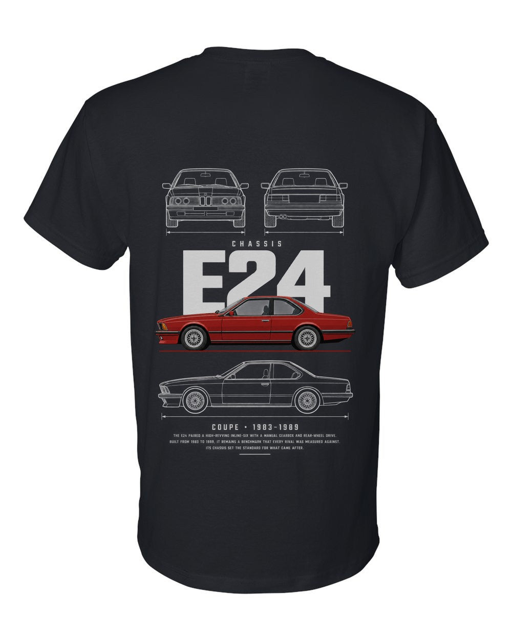 E24 full-back artwork black t-shirt back view with the design
