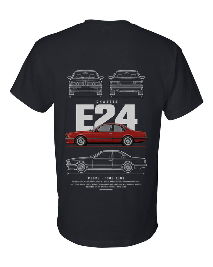 E24 full-back artwork black t-shirt back view with the design