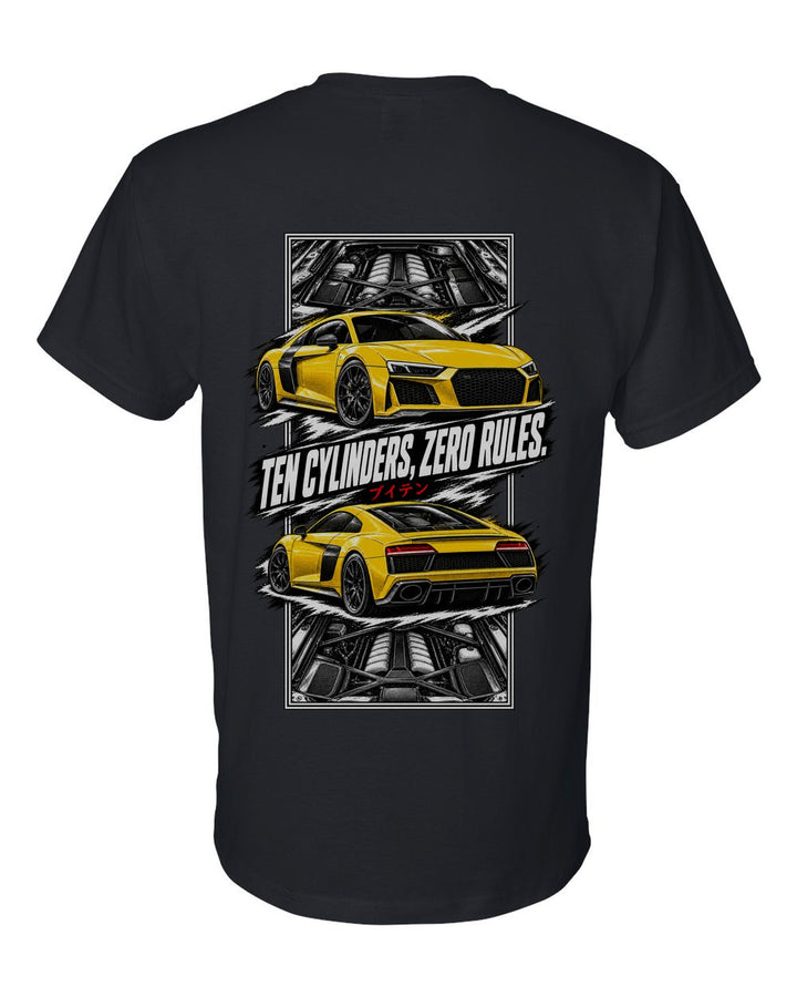 Audi R8 torn poster black t-shirt back view with the design