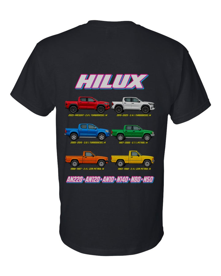 Toyota Hilux evolution poster black t-shirt back view with the design