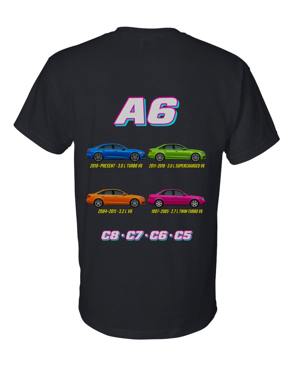 Audi A6 evolution poster black t-shirt back view with the design