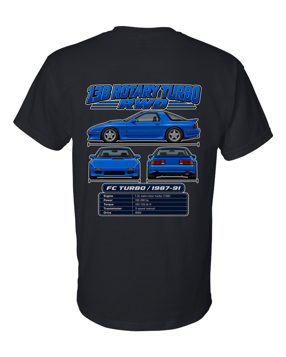 Mazda Rx 7 Fc Turbo spec sheet black t-shirt back view with the design
