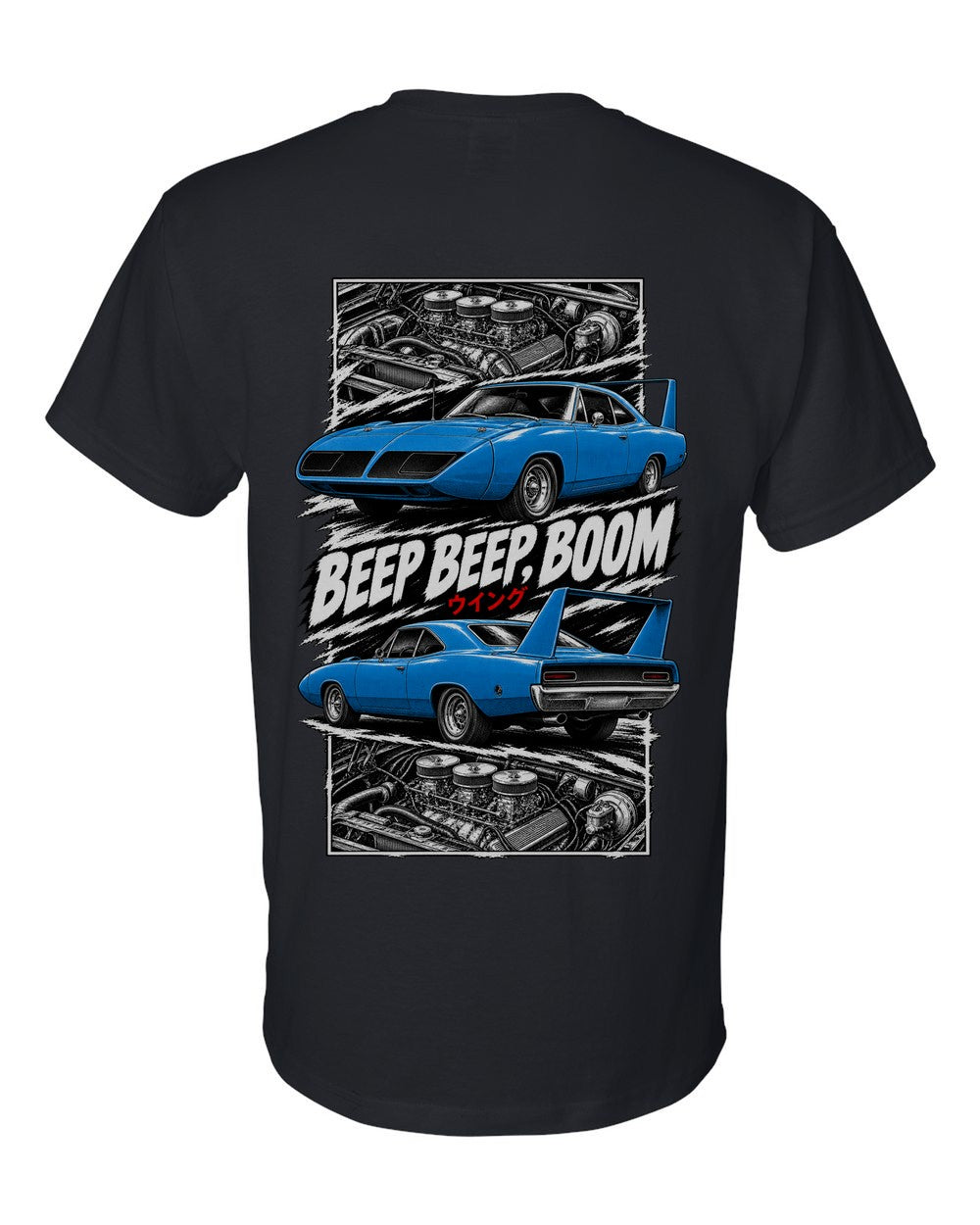 Plymouth Superbird torn poster black t-shirt back view with the design