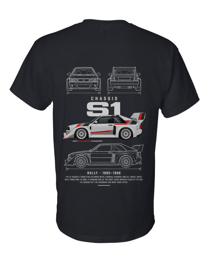 S1 full-back artwork black t-shirt back view with the design