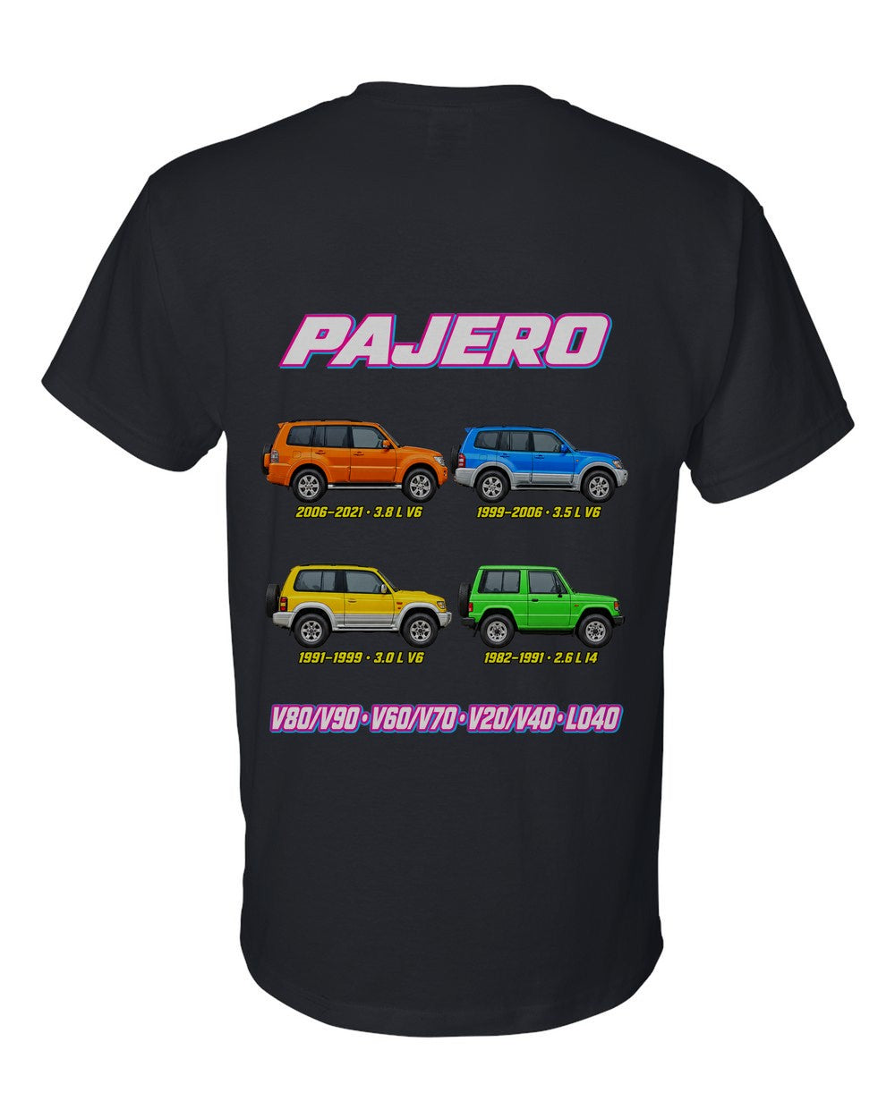 Mitsubishi Pajero evolution poster black t-shirt back view with the design