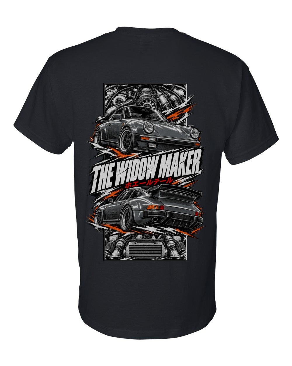 Porsche 930 Turbo torn poster black t-shirt back view with the design