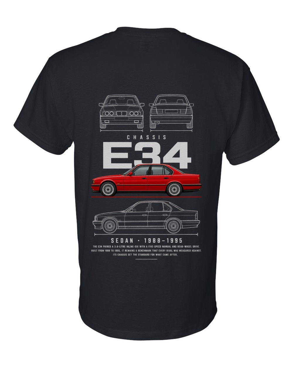 E34 full-back artwork black t-shirt back view with the design