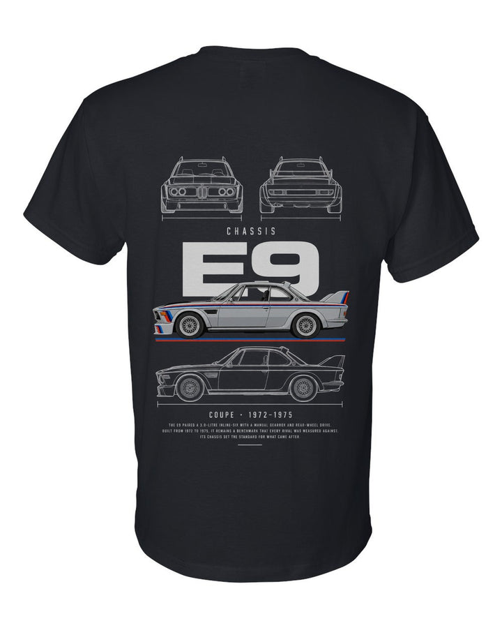 E9 full-back artwork black t-shirt back view with the design