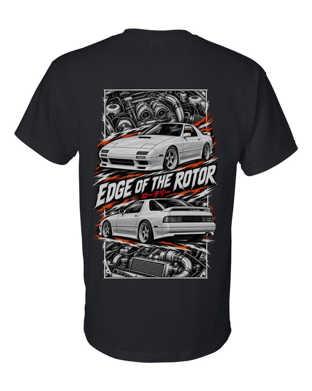 Mazda RX-7 Fc3S torn poster black t-shirt back view with the design