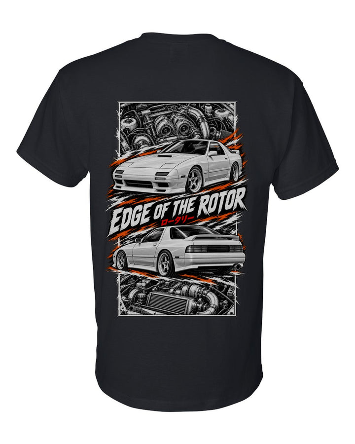 Mazda RX-7 Fc3S torn poster black t-shirt back view with the design