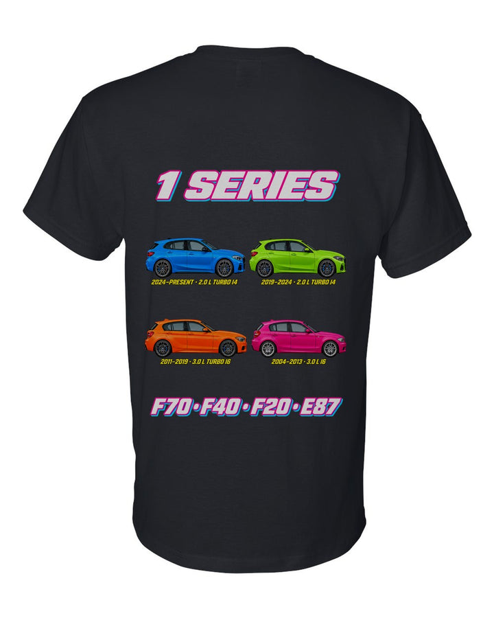 BMW 1 Series evolution poster black t-shirt back view with the design