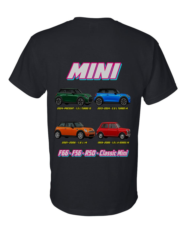 Mini Cooper evolution poster black t-shirt back view with the design