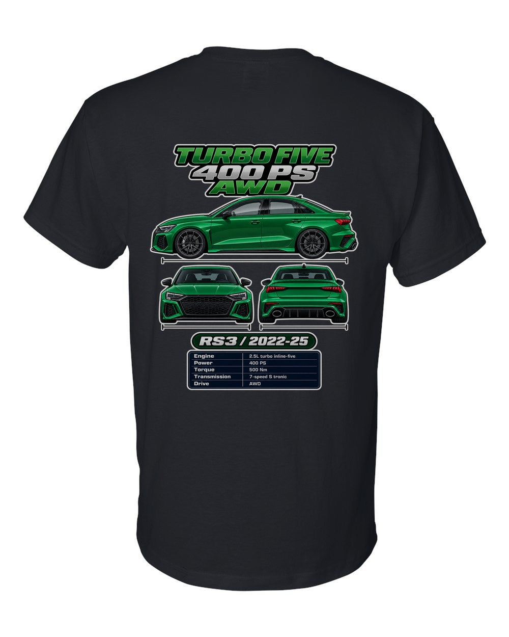 Audi Rs3 Sedan 8Y spec sheet black t-shirt back view with the design