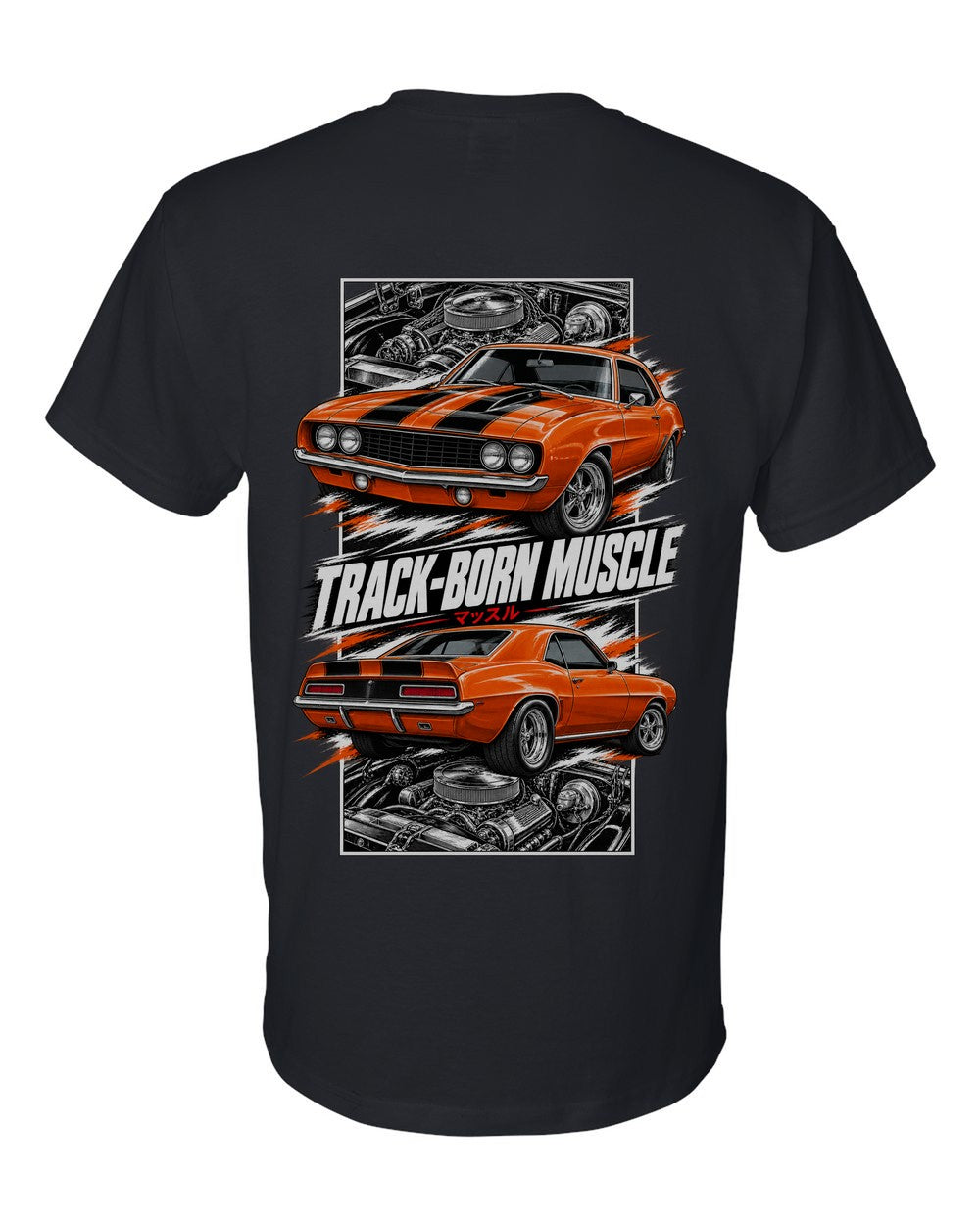 Chevy Camaro Z/28 torn poster black t-shirt back view with the design