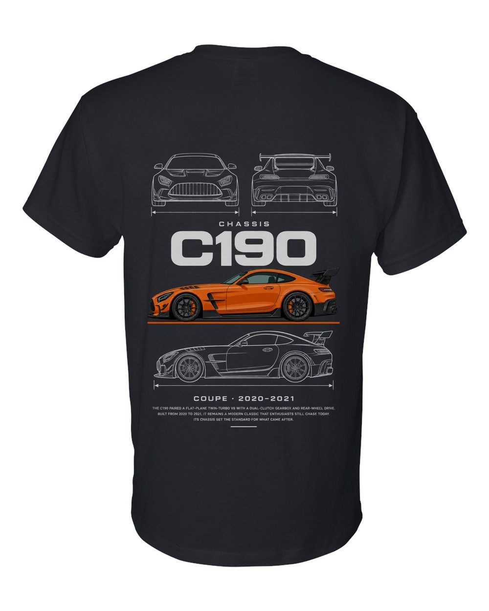 C190 full-back artwork black t-shirt back view with the design