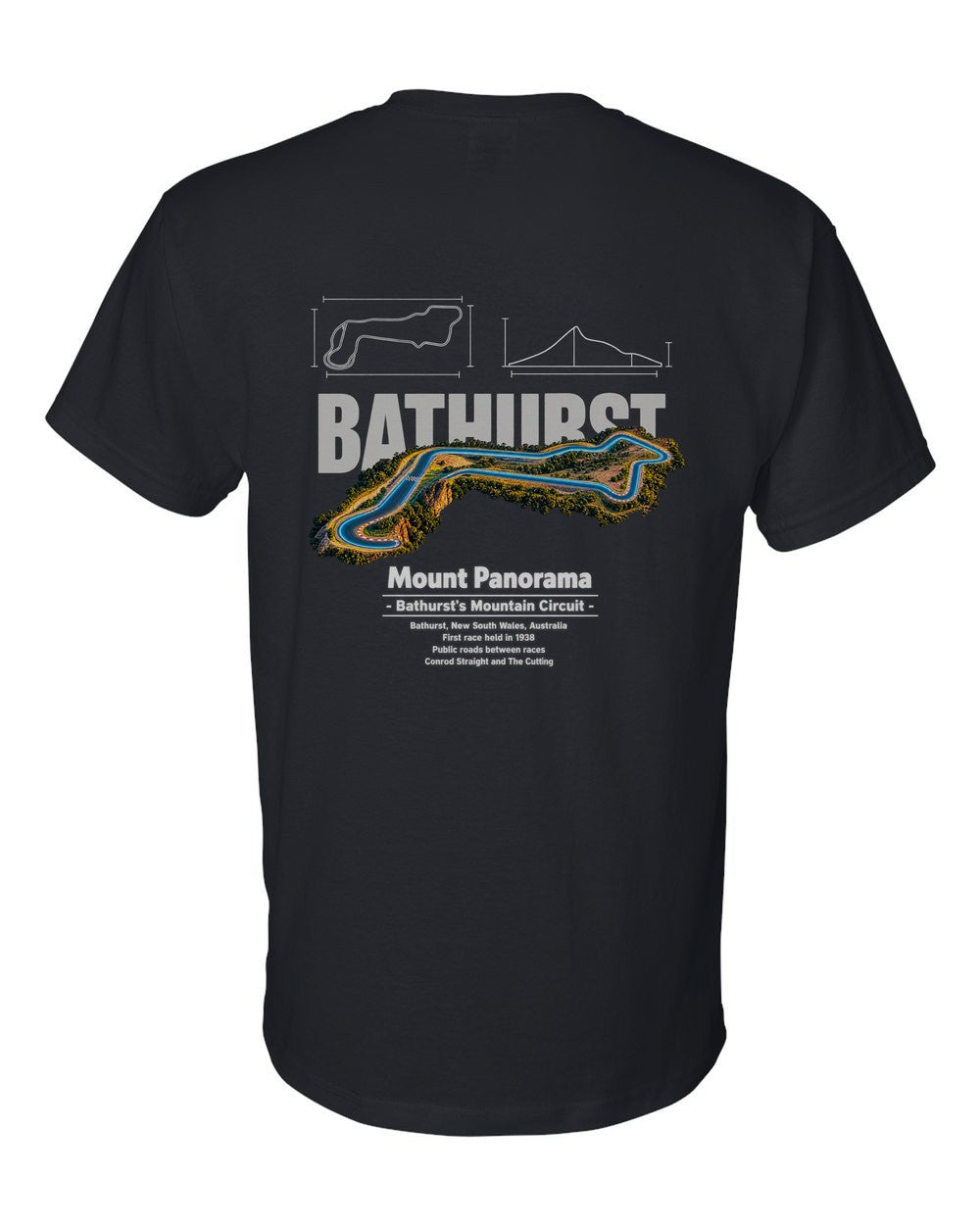 Mount Panorama black t-shirt back view with the design