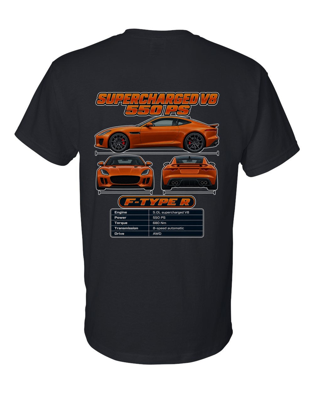 Jaguar F Type R spec sheet black t-shirt back view with the design